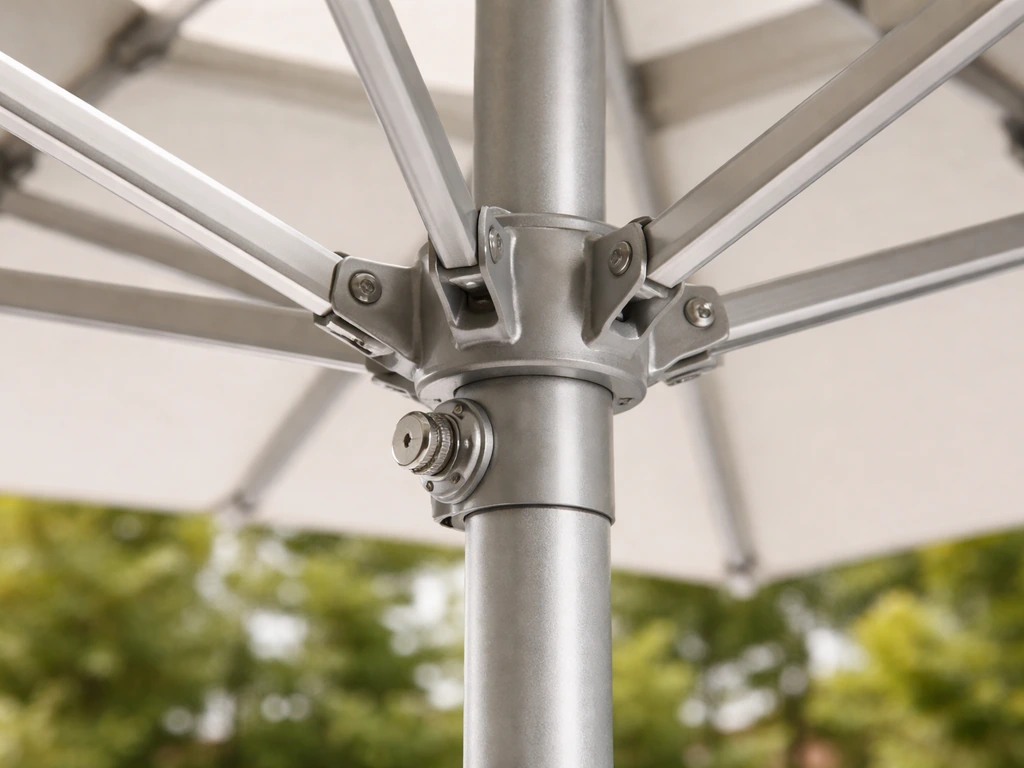 Close-up of a powder-coated aluminum umbrella pole and frame hardware, corrosion-resistant details.