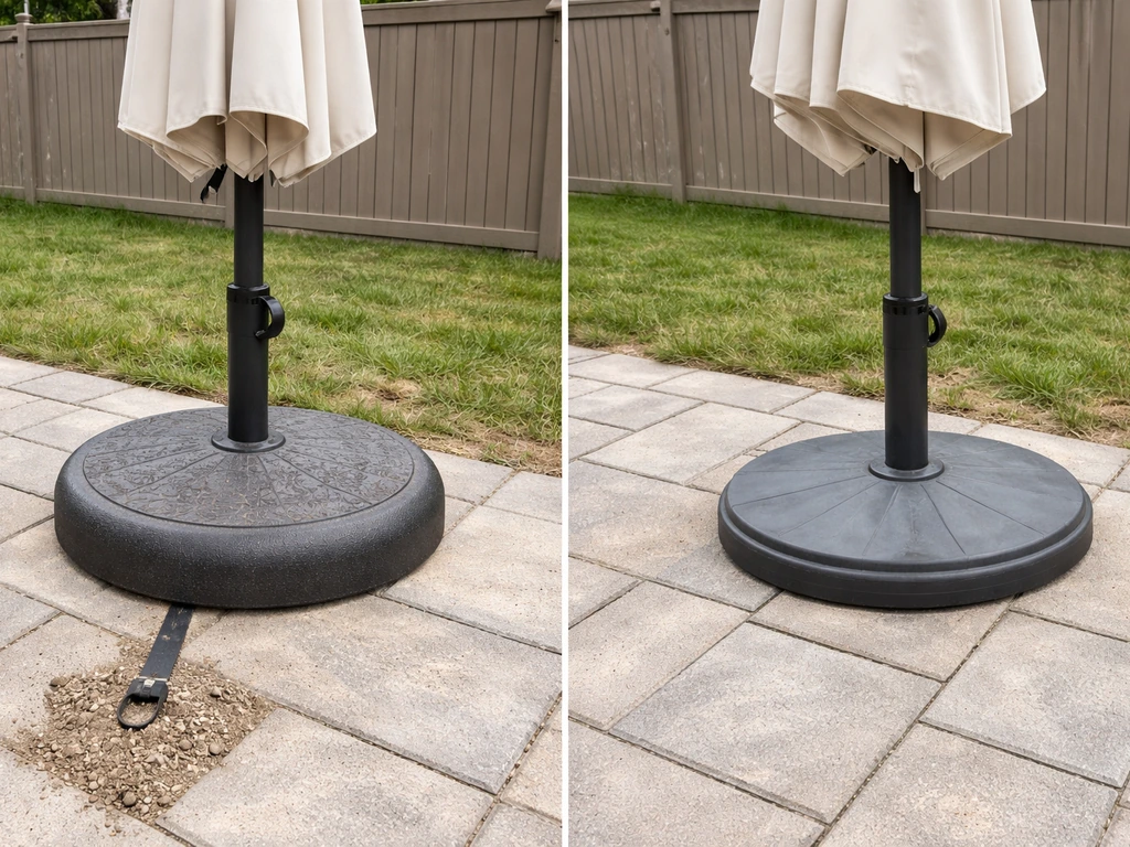Two patio umbrellas showing heavy sand-filled anchored base versus lighter non-anchored base stability.