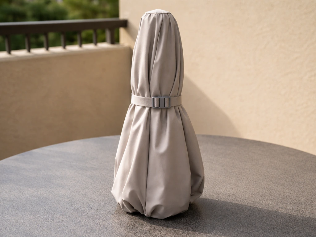 A closed umbrella in a protective cover with a strap secured, resting on a patio table