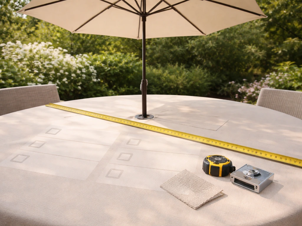 Minimal checklist-style patio umbrella shopping scene with a 10 ft umbrella model and measuring tape