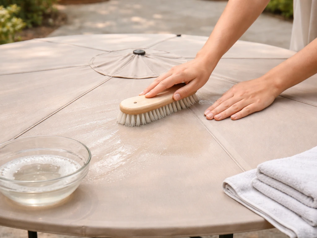 Hands gently brushing an open umbrella canopy with mild soap water outdoors, towels nearby for drying.