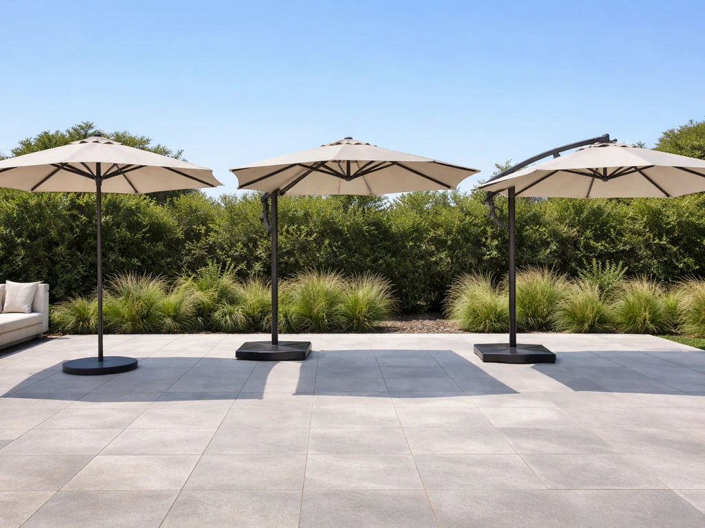 Three large umbrellas in a simple patio showing different pole positions under the canopy.