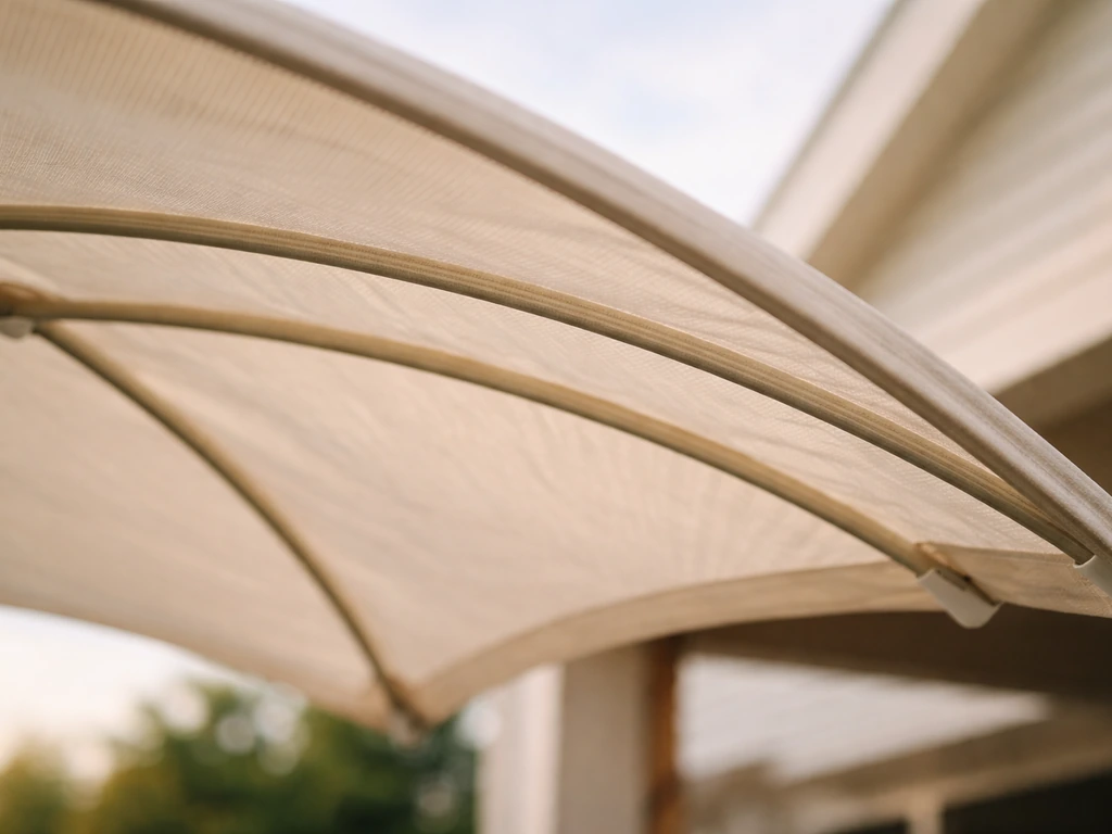 Close-up of a canopy underside with flexible fiberglass ribs supporting taut fabric.