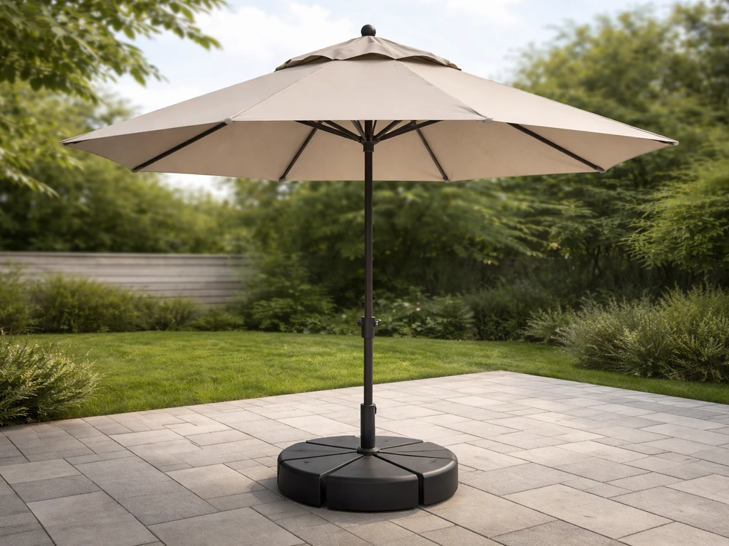 Large vented patio umbrella with a stable weighted base in a breezy outdoor setting