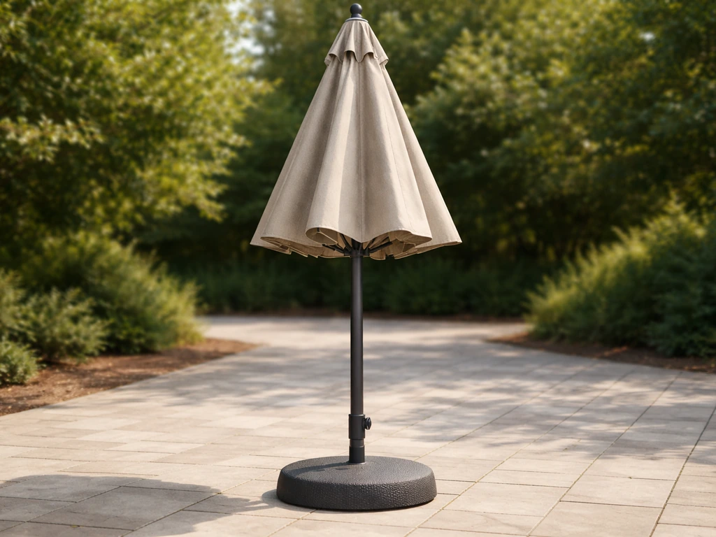 Sturdy patio umbrella on an outdoor patio, showing a robust frame, textured fabric, and heavy base.