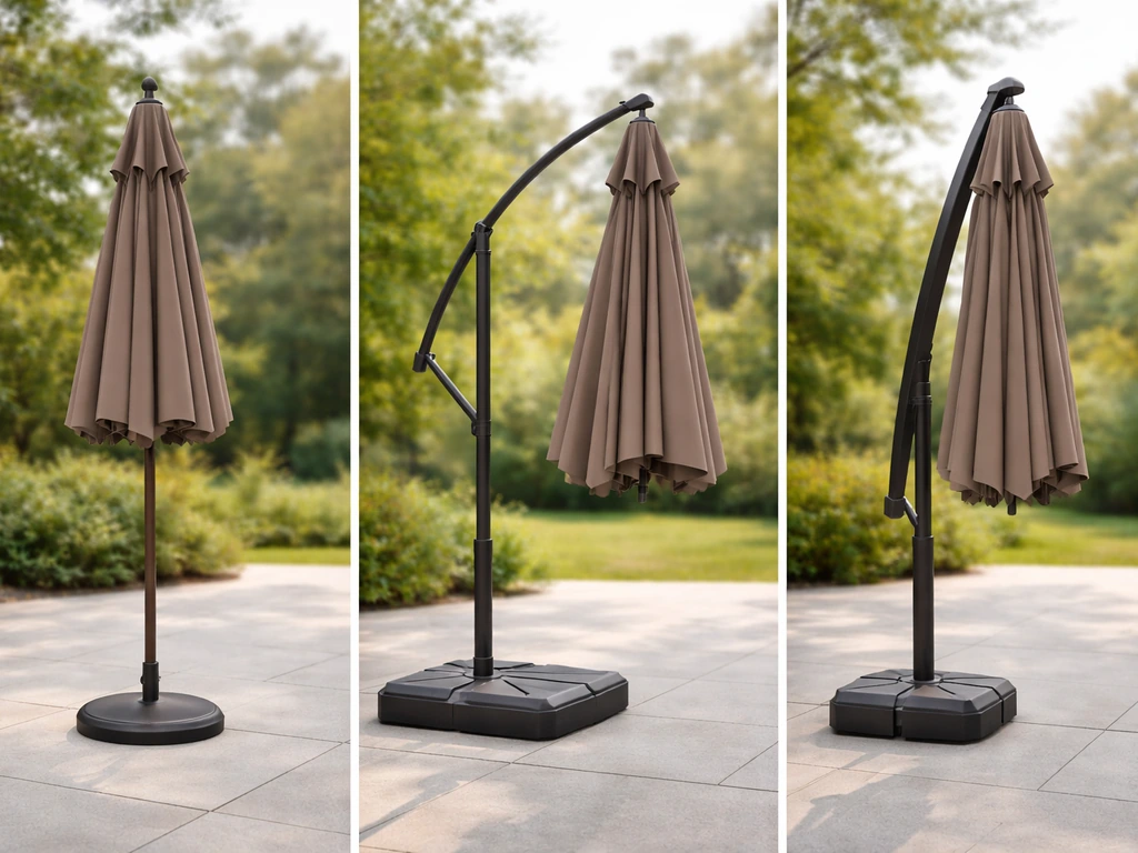 Three side-by-side umbrellas showing centered pole, cantilever arm, and offset pole placement.
