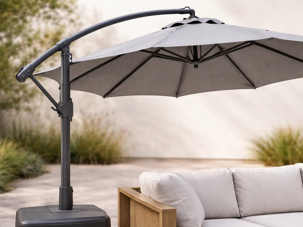 Close-up of a cantilever umbrella with side-mounted arm and an unobstructed center seating area.