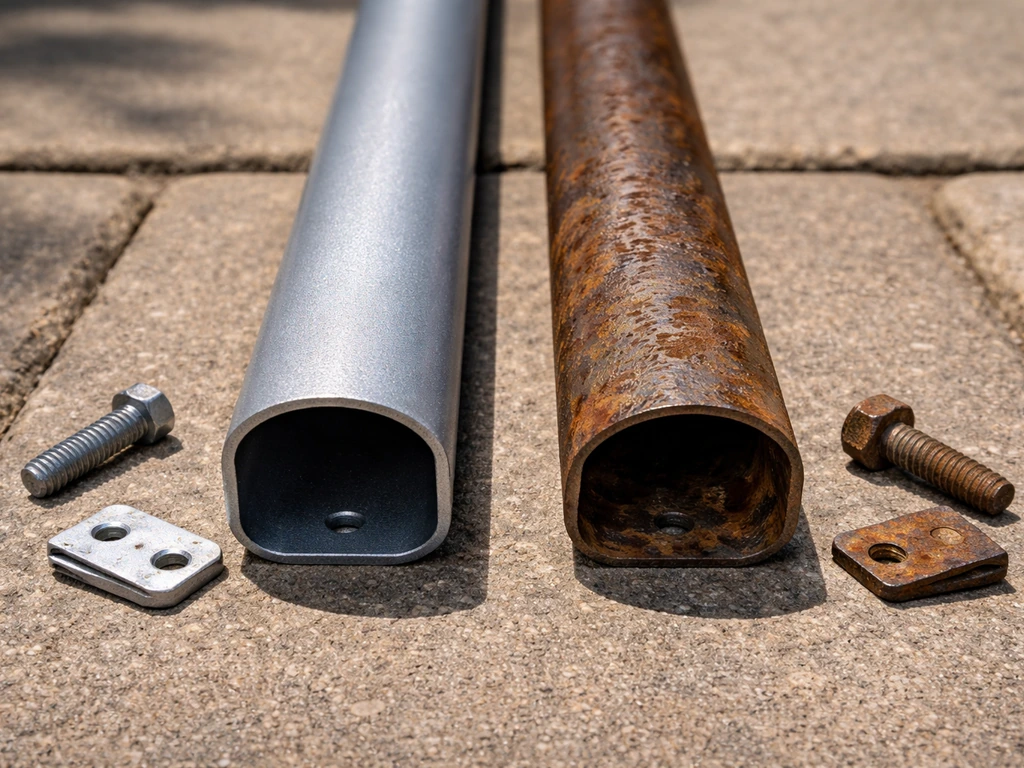 Close-up of an outdoor aluminum frame and corrodible metal parts in side-by-side condition contrast.