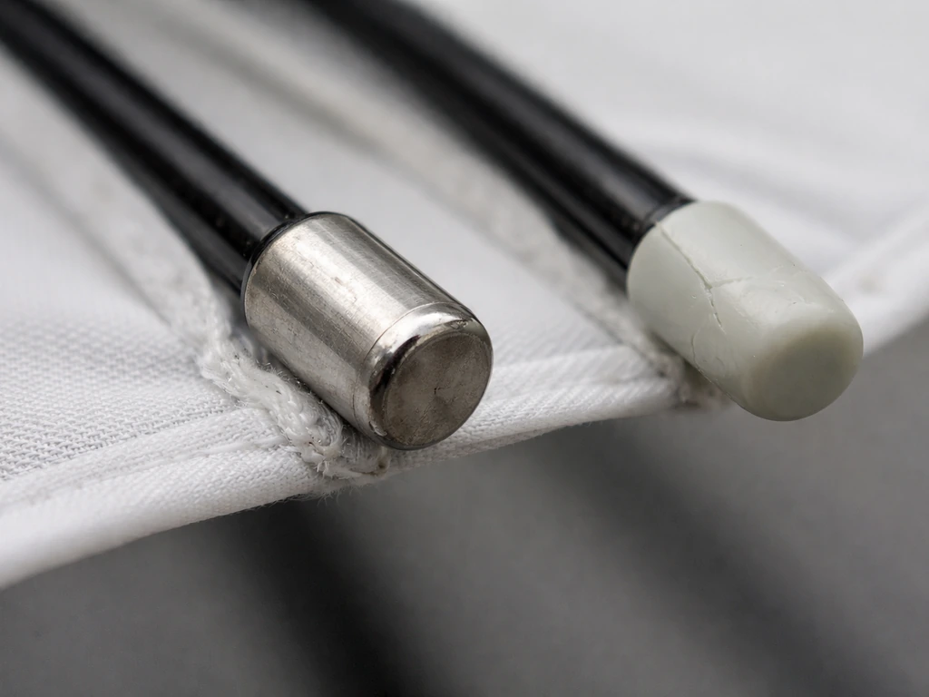 Macro close-up of umbrella rib tips showing metal ferrules versus cracked plastic rib ends.