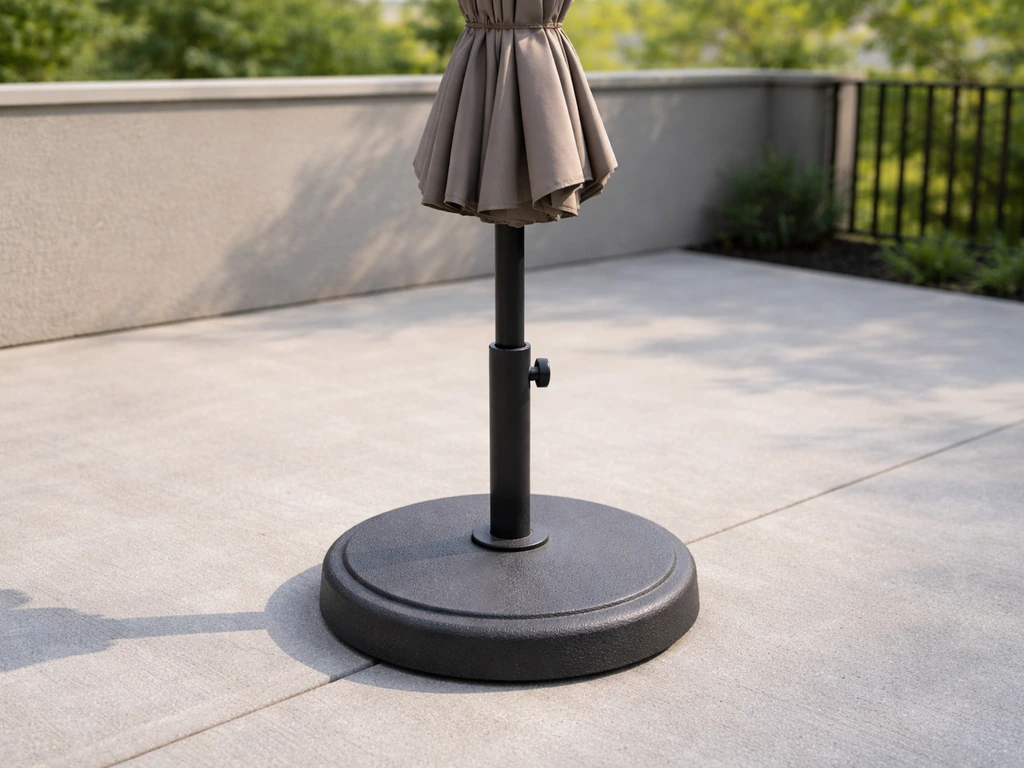 Proper heavy patio umbrella base on concrete with umbrella pole securely mounted for wind stability.