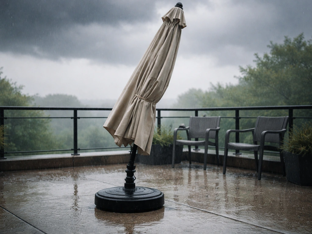 Closed patio umbrella secured against wind on a rain-soaked patio with puddles and stormy clouds.