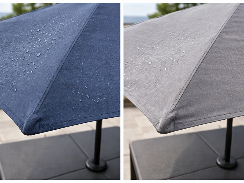 Two patio umbrella canopies side-by-side showing different fabric textures and water-beading behavior