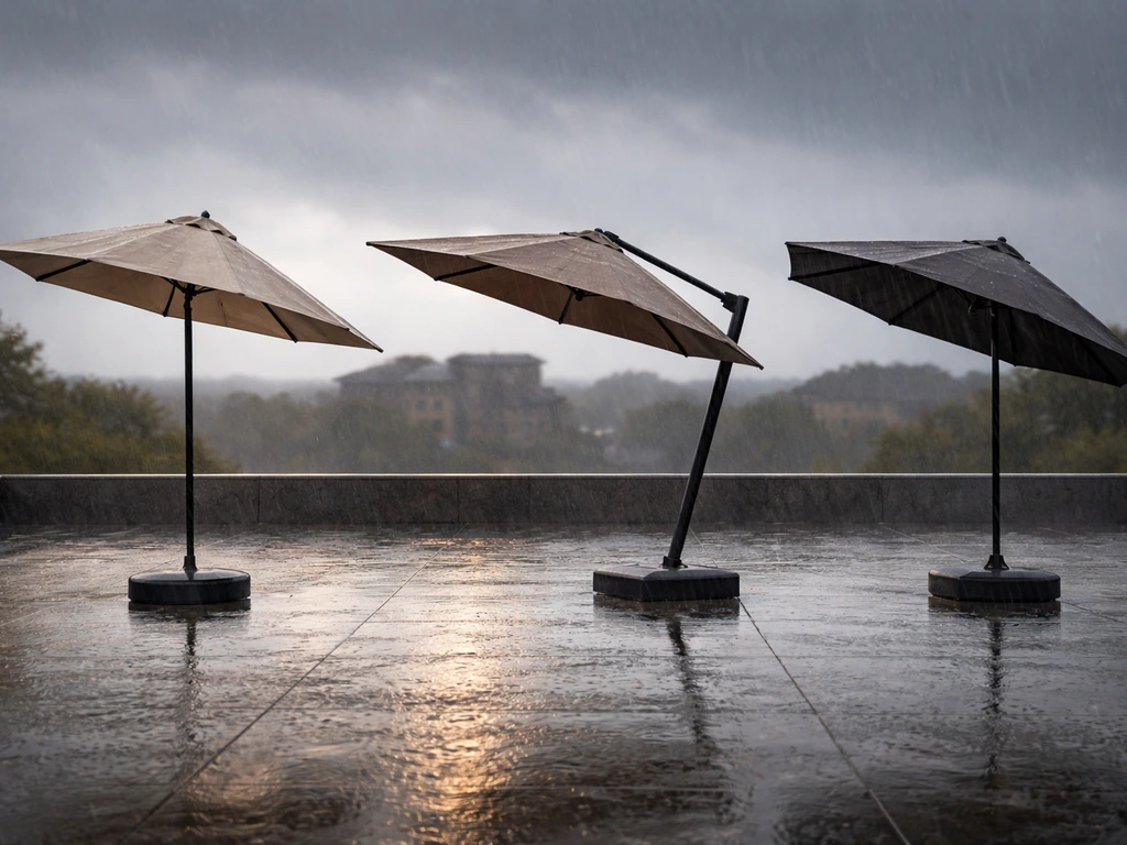Three canopies of umbrellas in a simple outdoor storm scene, showing different pole placements and wind exposure.