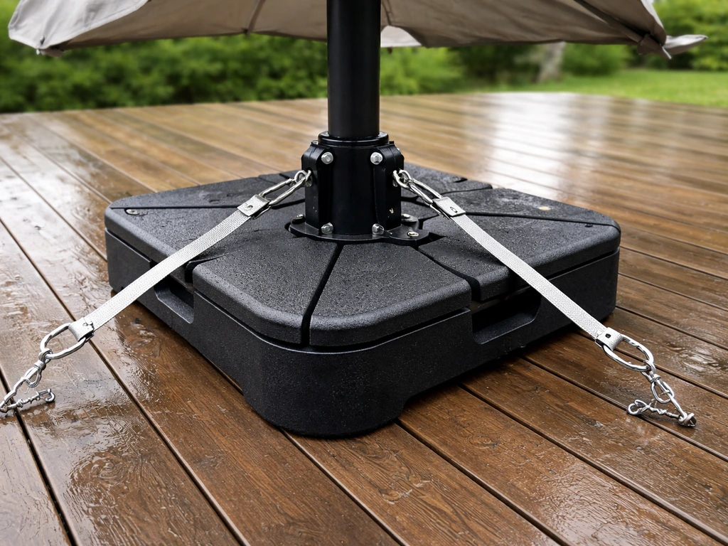Patio umbrella with a heavy anchored base and tie-down straps to prevent tipping in wind and rain