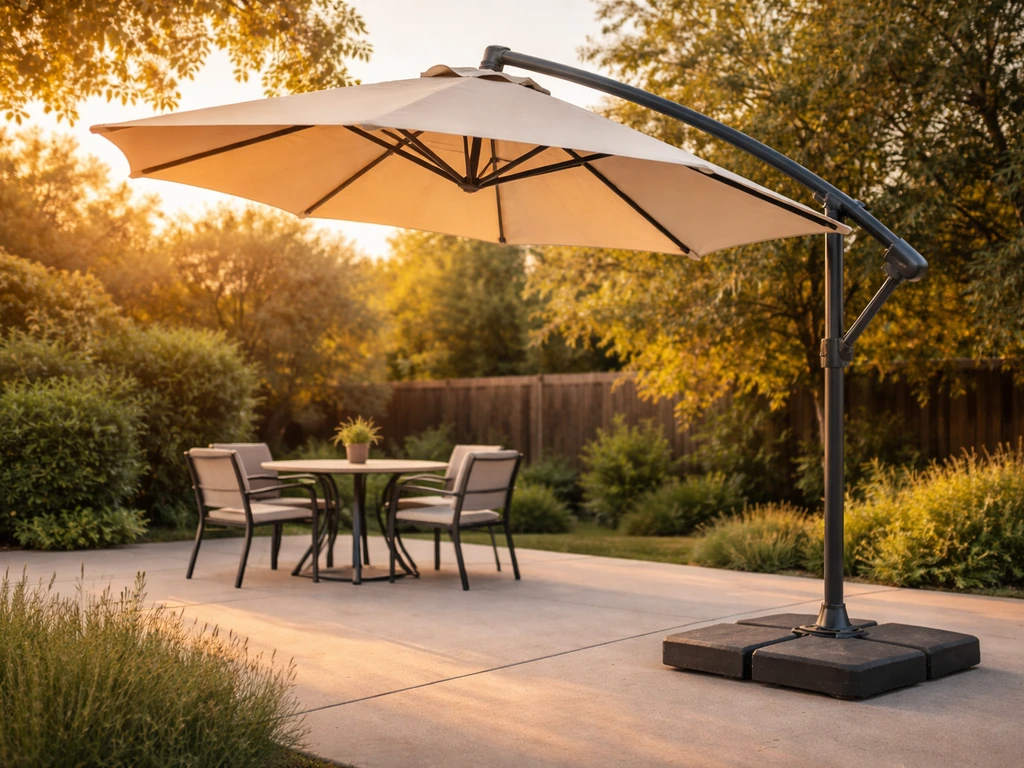 Outdoor dining set shaded by a large patio table umbrella with visible frame and weighted base