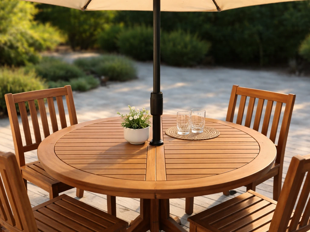 Center-pole market umbrella mounted through a patio table umbrella hole, showing clearance around chairs.
