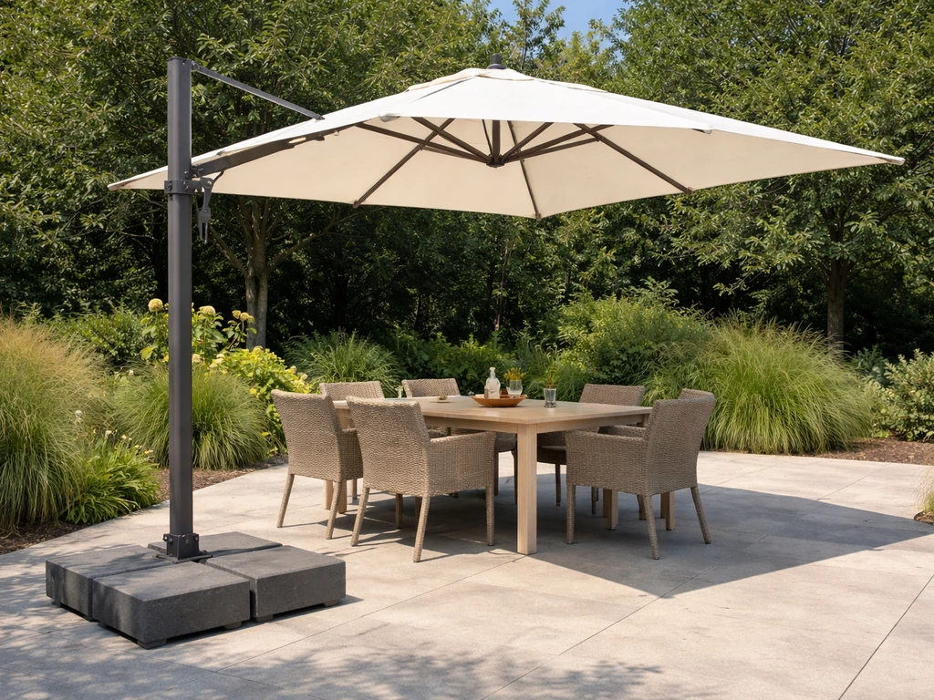 Cantilever patio umbrella with side mast and counterweight base, canopy positioned for clear 360° coverage.