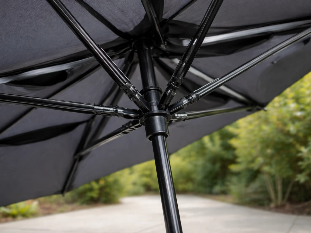 Close-up of a windproof umbrella frame with reinforced junctions and vented canopy detail