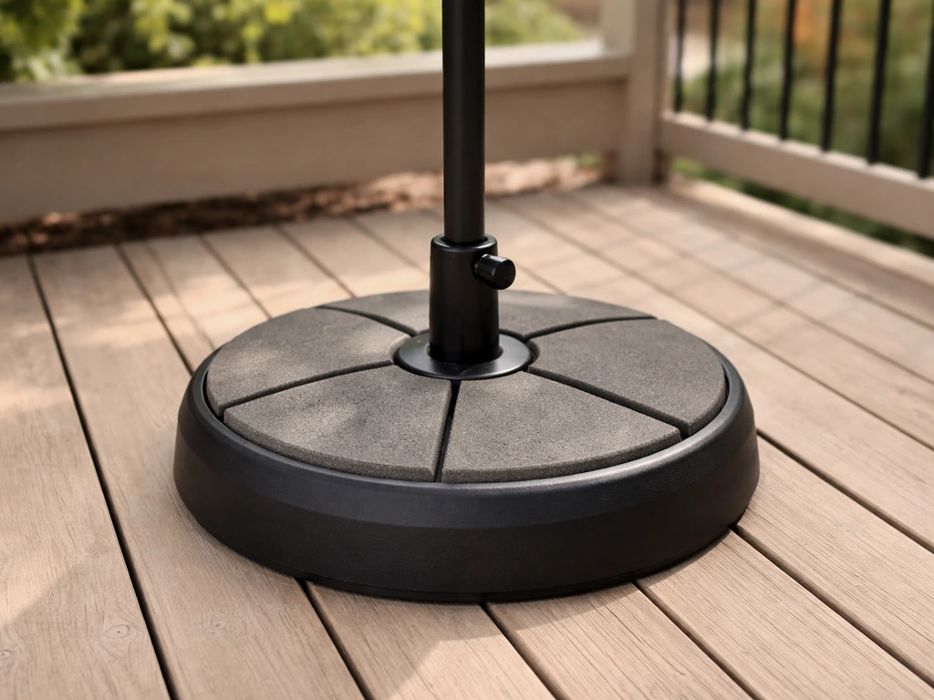 Close-up of a patio umbrella anchored with a properly weighted base, no tipping or tilt.