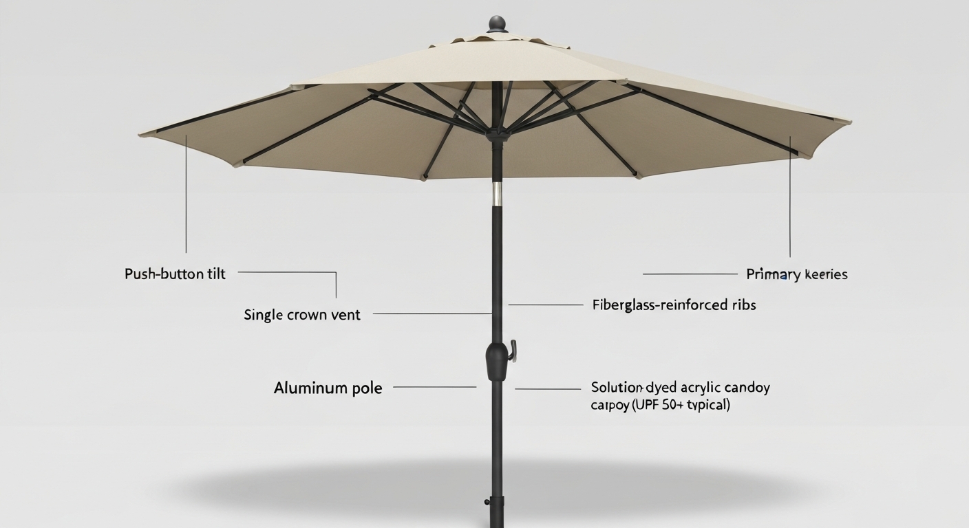 Studio-style illustration of a 9-foot market patio umbrella in beige solution-dyed acrylic, showing an aluminum pole, push-button tilt, fiberglass ribs and a single crown vent; small labeled callouts identify key parts.