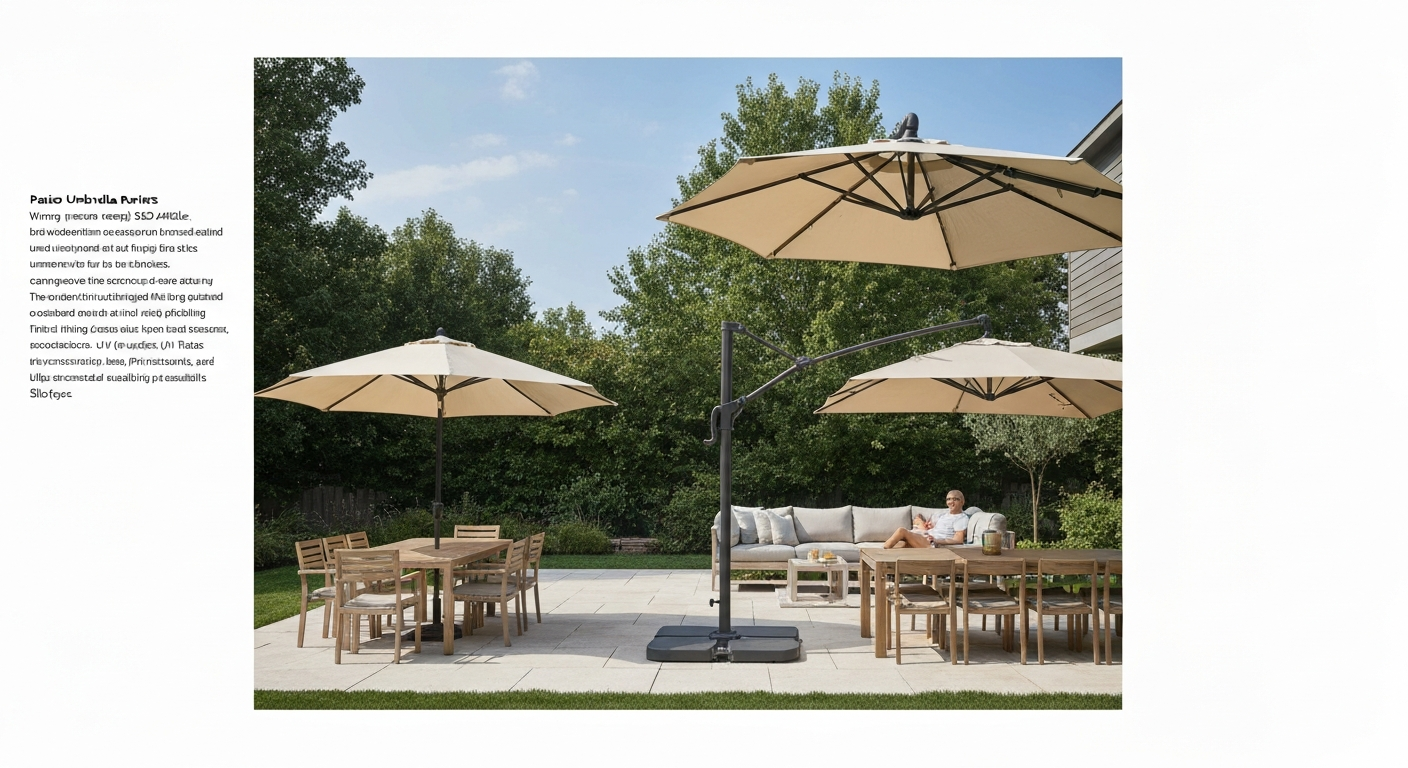 Backyard scene with a variety of patio umbrellas — center‑post, cantilever, and oversized rectangular — showing different pole materials, canopy textures, and a heavy base.