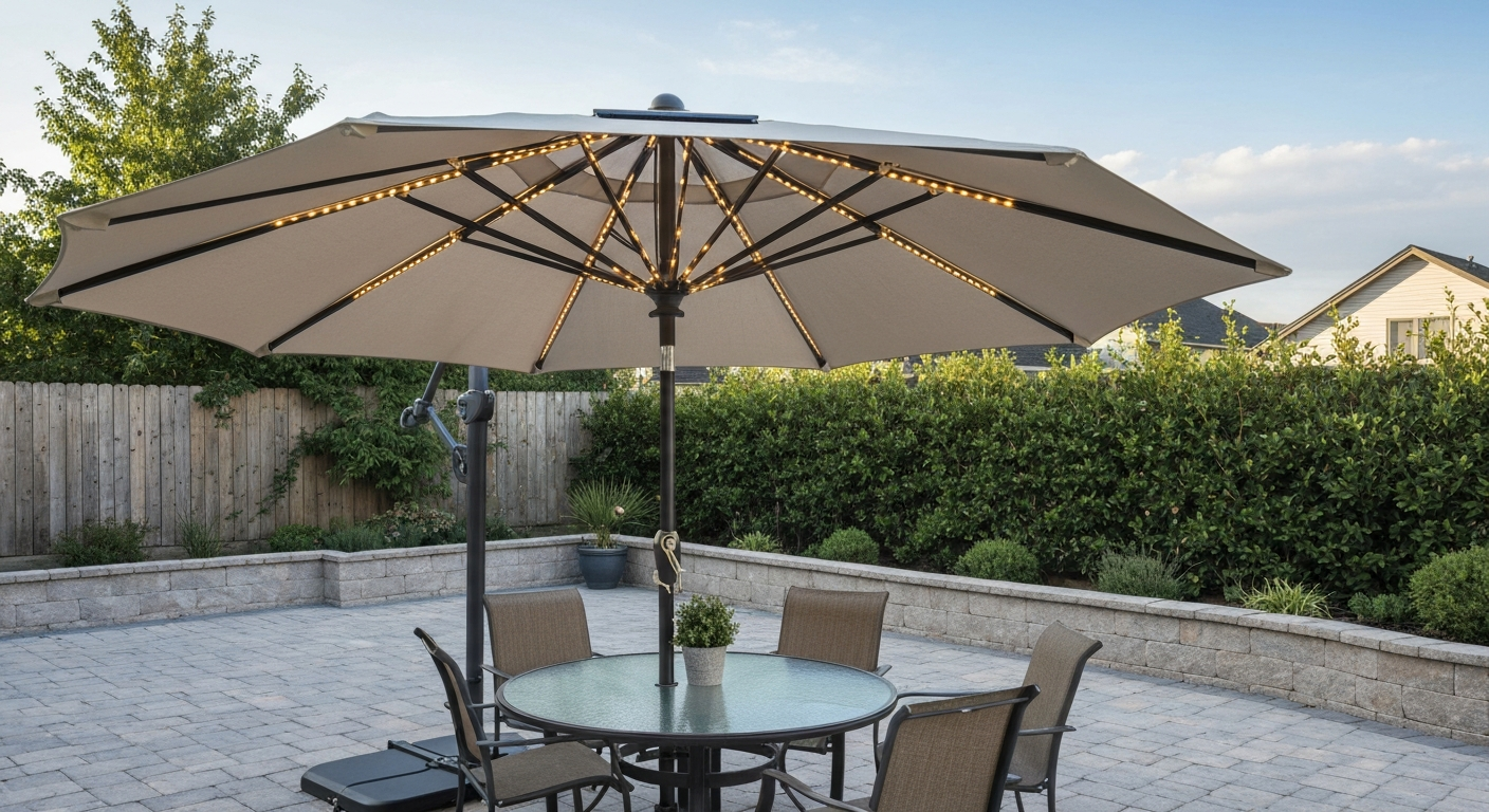 Photorealistic 10 ft 3‑tier patio umbrella over a round patio table, showing three stacked canopy layers, solar panel at the top, push‑button tilt on the pole, and a freestanding base.