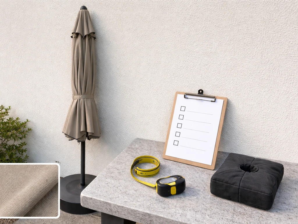 Patio umbrella checklist on a table with materials and tools, natural light, minimal scene