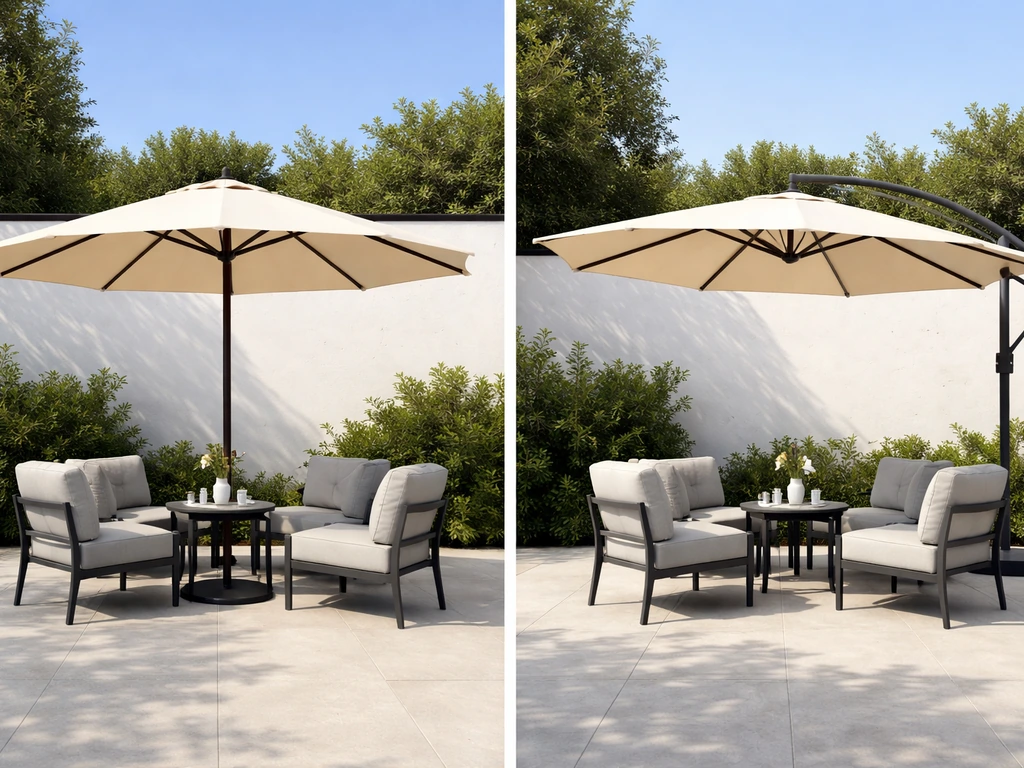 Side-by-side patio umbrellas: center-pole blocks the middle on one side, cantilever leaves the center open.