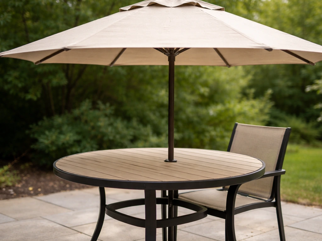 Patio dining setup with a canopy/umbrella hanging over a table edge for full coverage.