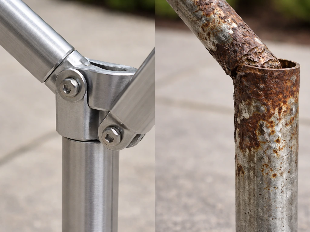 Close-up of a solid aluminum patio umbrella pole joint next to a corroded, failing metal piece.