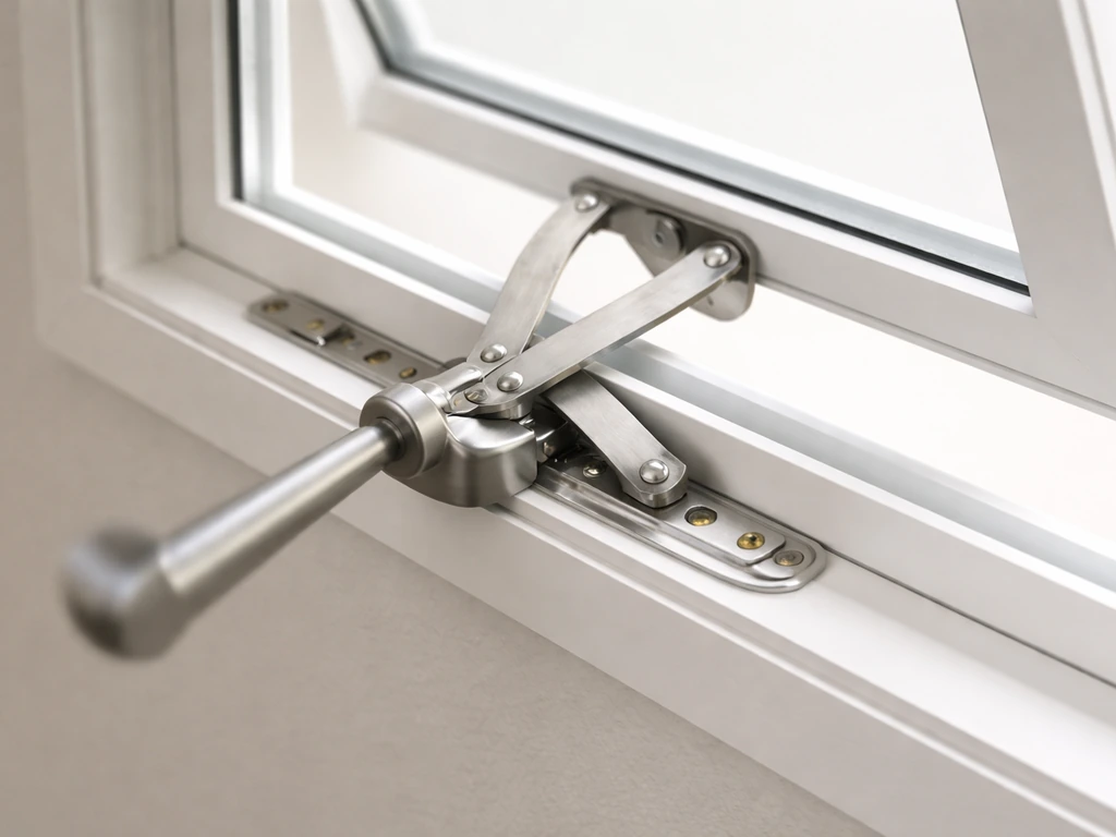 Close-up of a crank lift and tilt mechanism smoothly opening and closing a window.