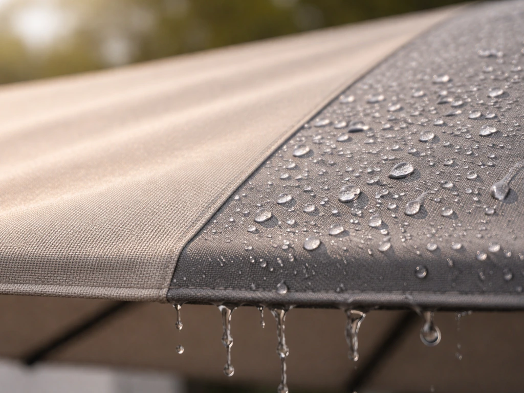 Close-up of canopy fabric blocking UV and shedding rain, with soft protective coverage cues
