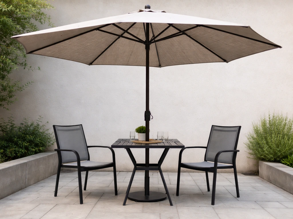 10 ft patio umbrella opened over a small outdoor dining table, showing clear coverage and scale.