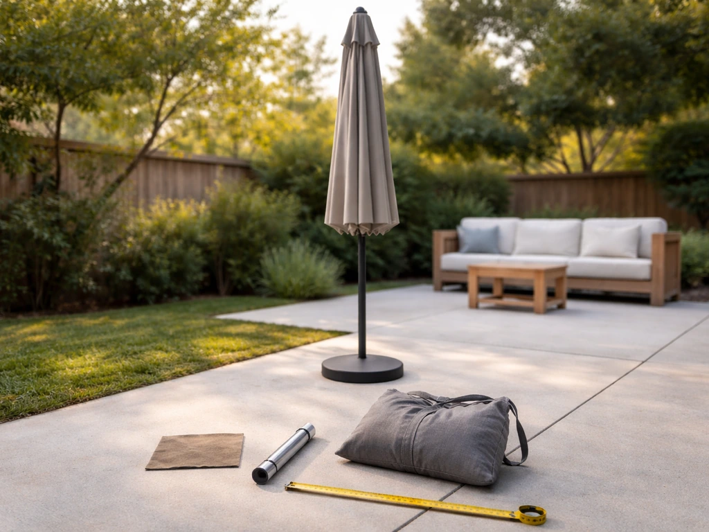 Closed 10 ft patio umbrella beside a small set of durability, wind-stability, and coverage cue objects.