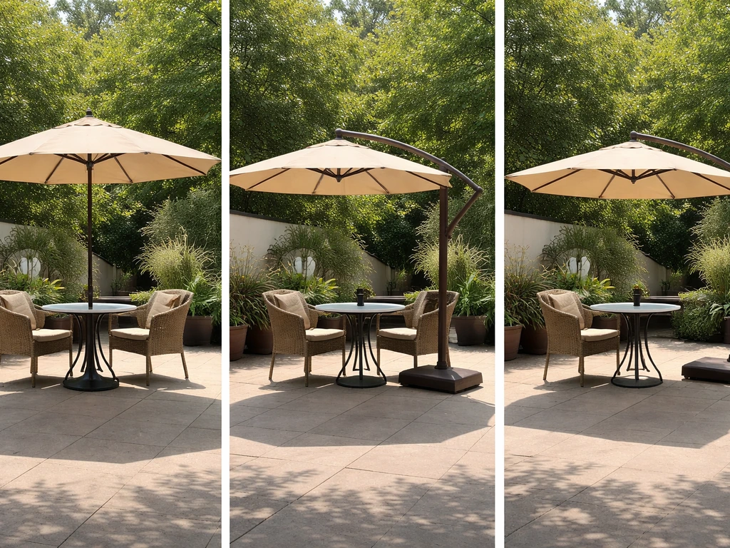 Three views of a market umbrella: center pole, offset, and cantilever-style shade over a small patio table.