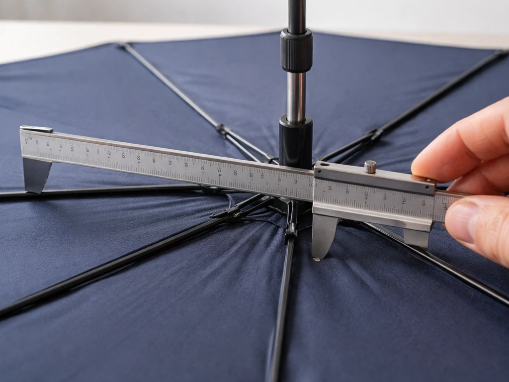 Close-up of a measuring tool checking umbrella canopy diameter and pole height on a table.