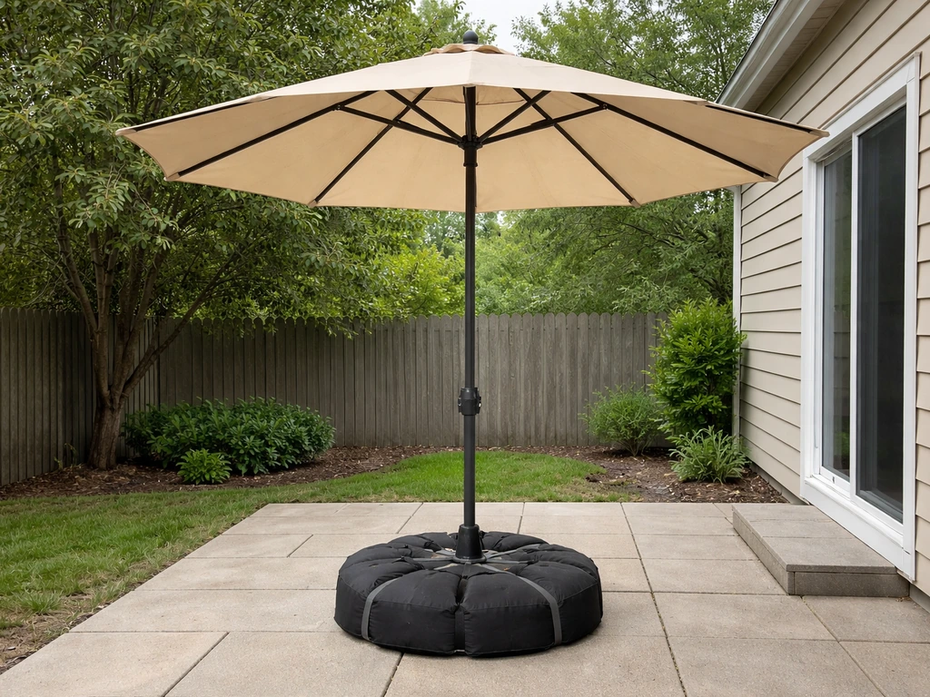 10 ft patio umbrella firmly anchored with a heavy base and added weights on a quiet deck.