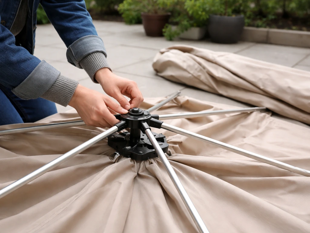 Person attaching umbrella ribs on a patio, then covering the umbrella for storage.