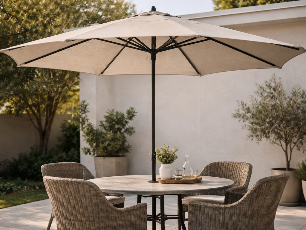 9-foot patio umbrella shading an outdoor dining table with full canopy coverage in a calm backyard