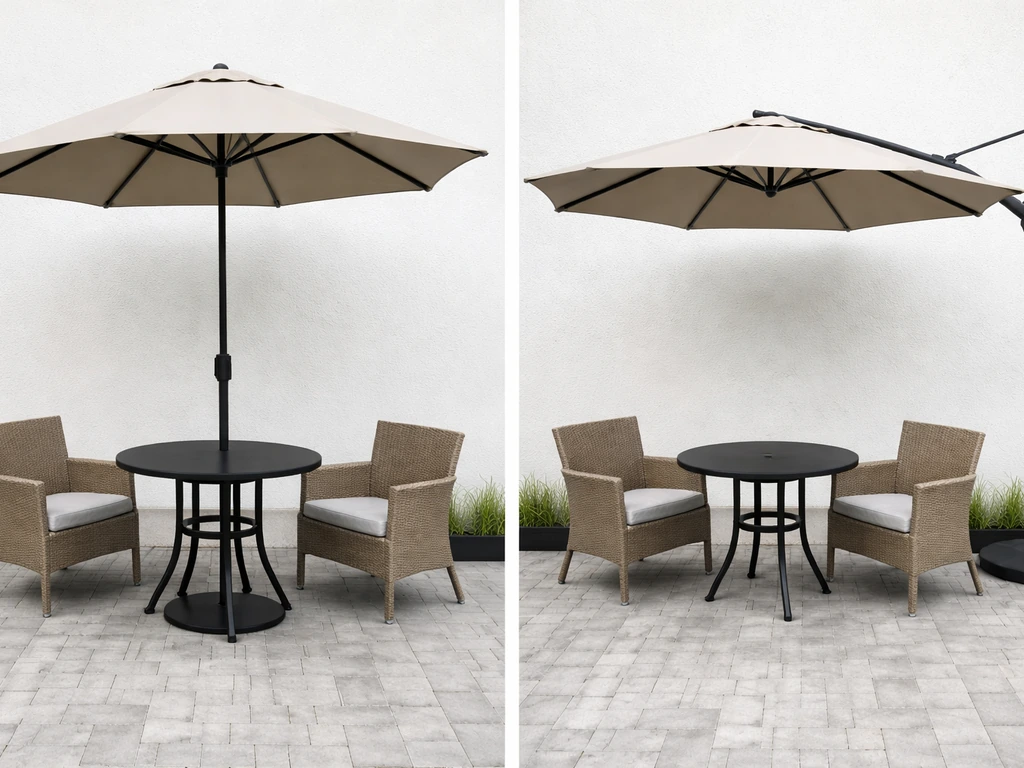 Side-by-side patio umbrellas: center-pole blocks seating on left; cantilever keeps under-canopy space open on right.