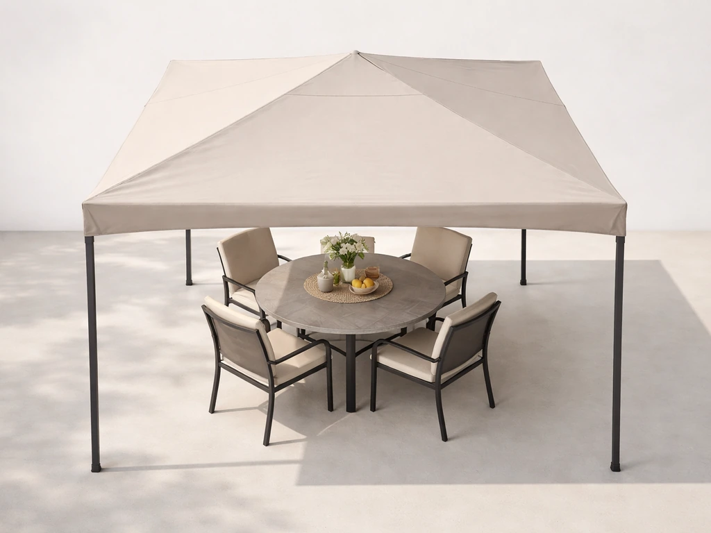 Overhead photo showing a 9-foot canopy centered over a dining table with a clear 2-foot overhang around it.