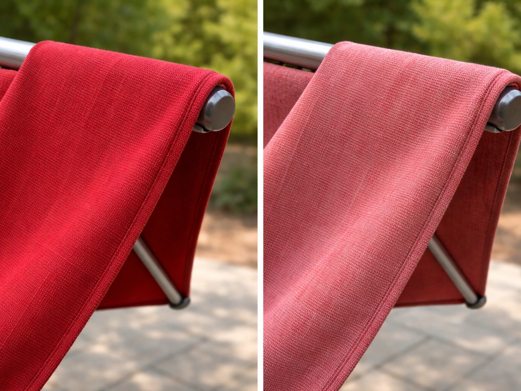 Close-up outdoor view of two umbrella fabric swatches: rich solution-dyed acrylic vs duller olefin.