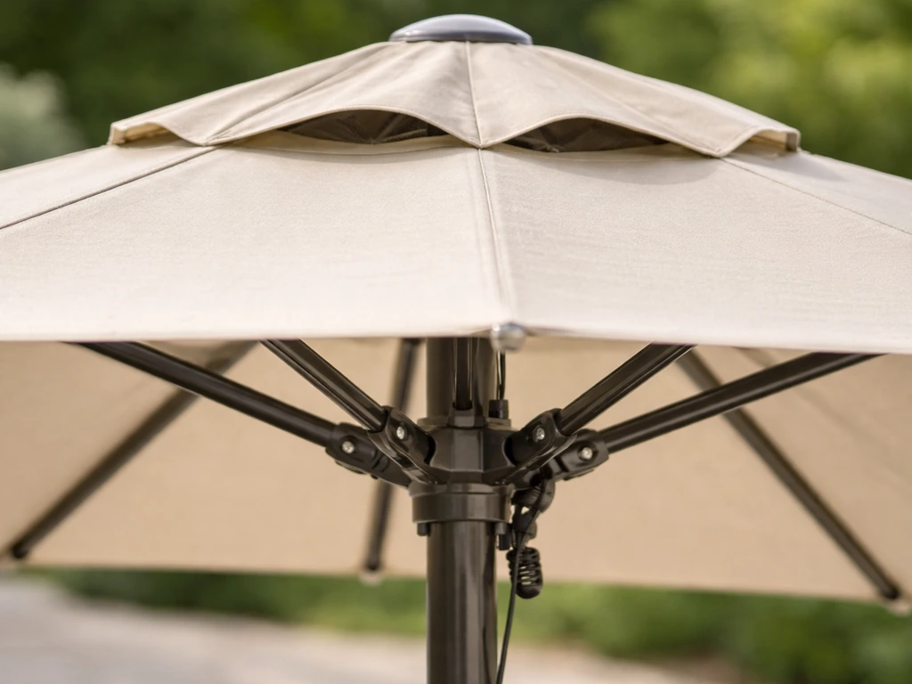 Close-up of an umbrella’s double-layer vent at the canopy top and pole-arm securing mechanics.