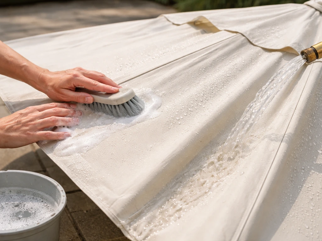 Hands scrubbing a patio umbrella canopy with mild soap using a soft brush, then rinsing with a hose.
