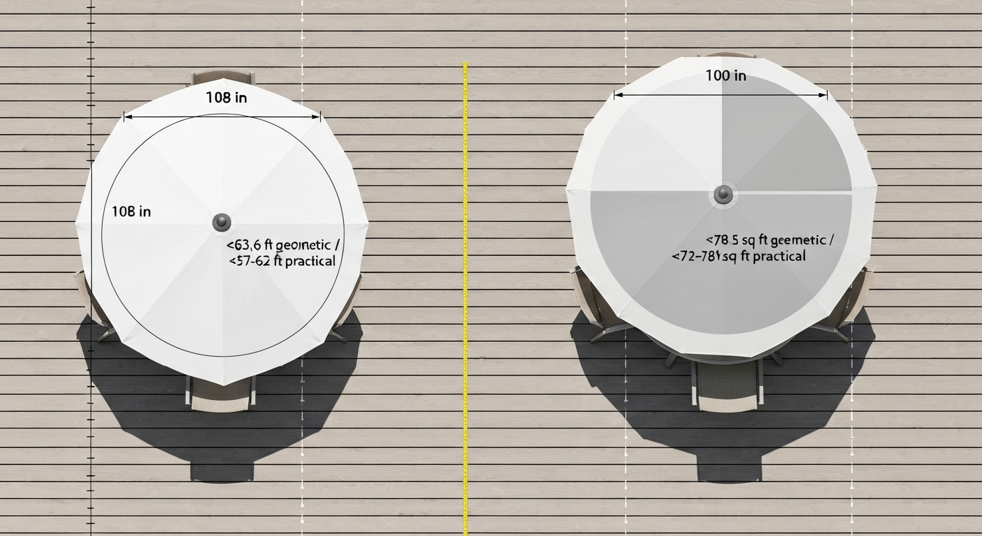 Overhead photorealistic comparison of a 9 ft and 10 ft patio umbrella above tables, with measurement overlays and shaded area labels showing coverage.