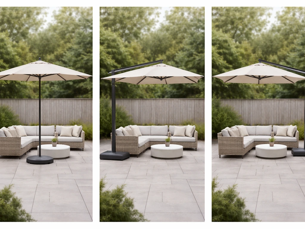 Side-by-side patio seating with market center-pole, cantilever, and offset umbrellas showing pole placement.