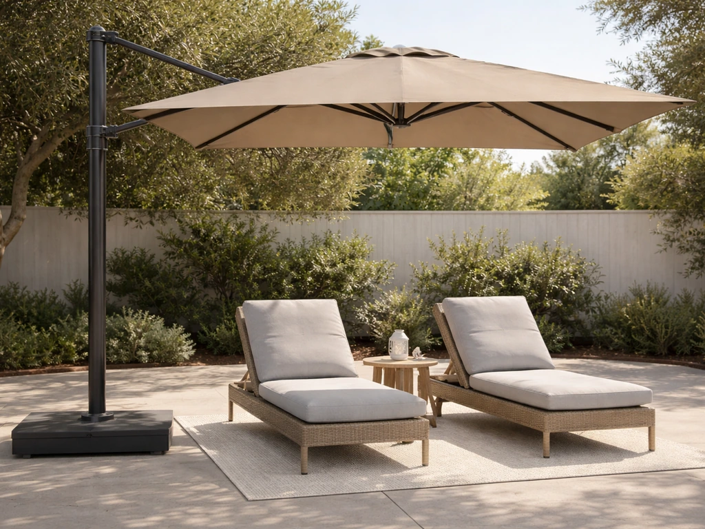 Side-pole cantilever umbrella shading lounge chairs on a quiet outdoor patio.