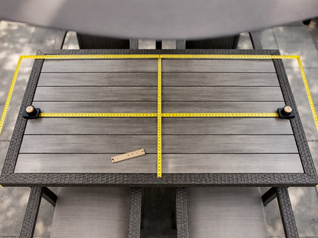 Top-down view of a dining table with tape measure laid out to show extra umbrella overhang space.