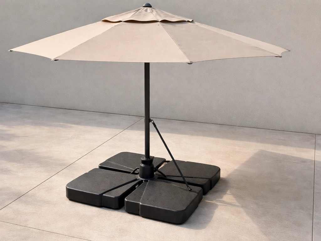 Patio umbrella base with weights and an anchored setup beside a vented canopy in calm outdoor light