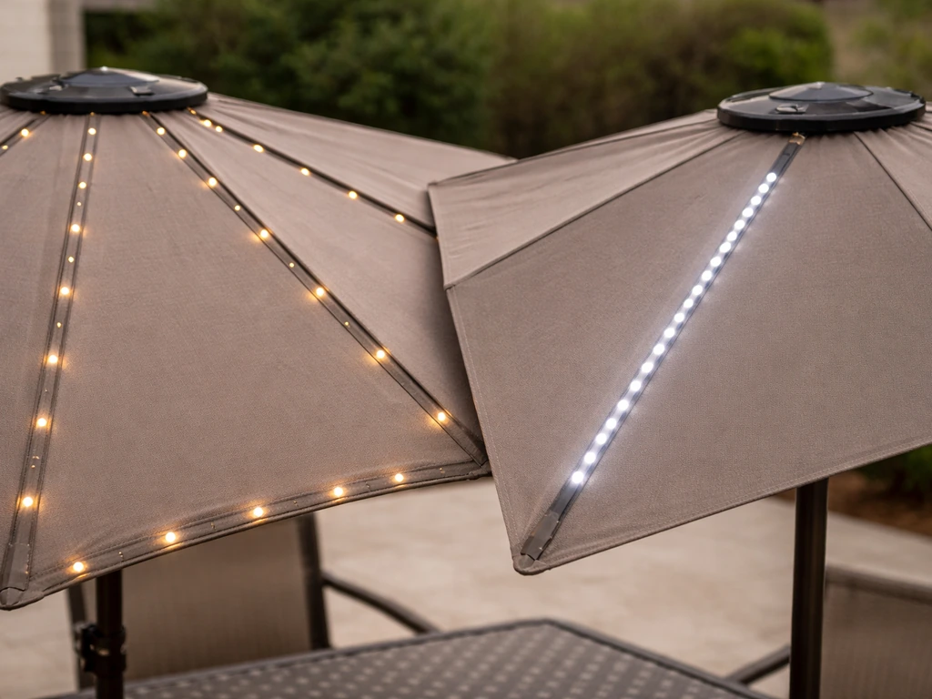 Close-up of solar umbrella canopy LEDs showing two different counts and placements side by side.